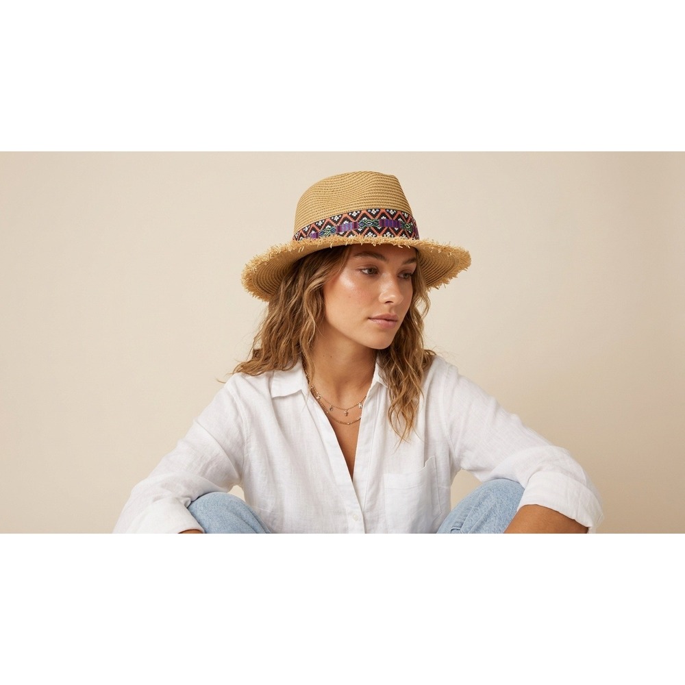 San Diego Hat Women Company Straw Fedora Frayed Brim Geometric Band Tan Hat